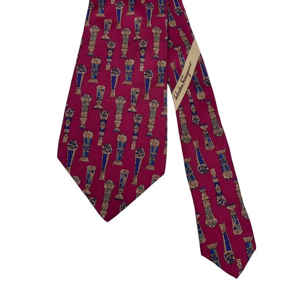 Salvatore Ferragamo Mens Tie Vases Wine Red & Blue Silk 3.5" (W) x 56.5" (L) guc - Picture 2 of 12